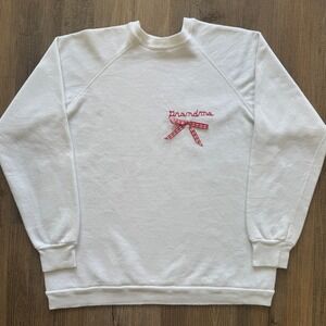 VTG Grandma Cottage‎ Embroidered Gingham Bow Crewneck Sweater White Large